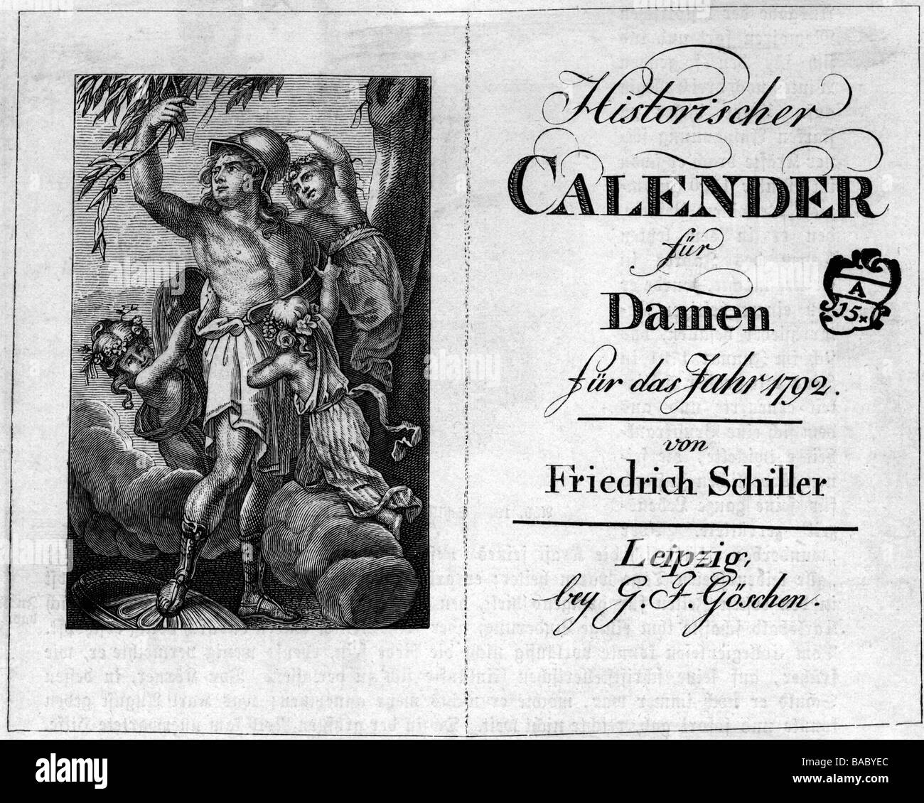 Schiller, Friedrich, 10.11.1759 - 9.5.1805, autore/scrittore tedesco, 'Historischer Kalender für Damen', 1793, pubblicato da Georg Joachim Göschen, Lipsia, titolo, Foto Stock
