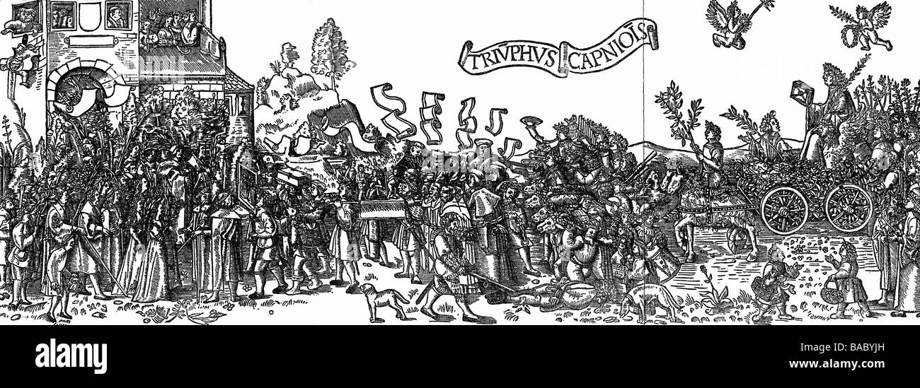 Hutten, Ulrich von, 2.4.1488 - 29.8.1523, cavaliere e umanista tedesco, opera "Triumphus Reuchlini", woodcut, 1518, Foto Stock