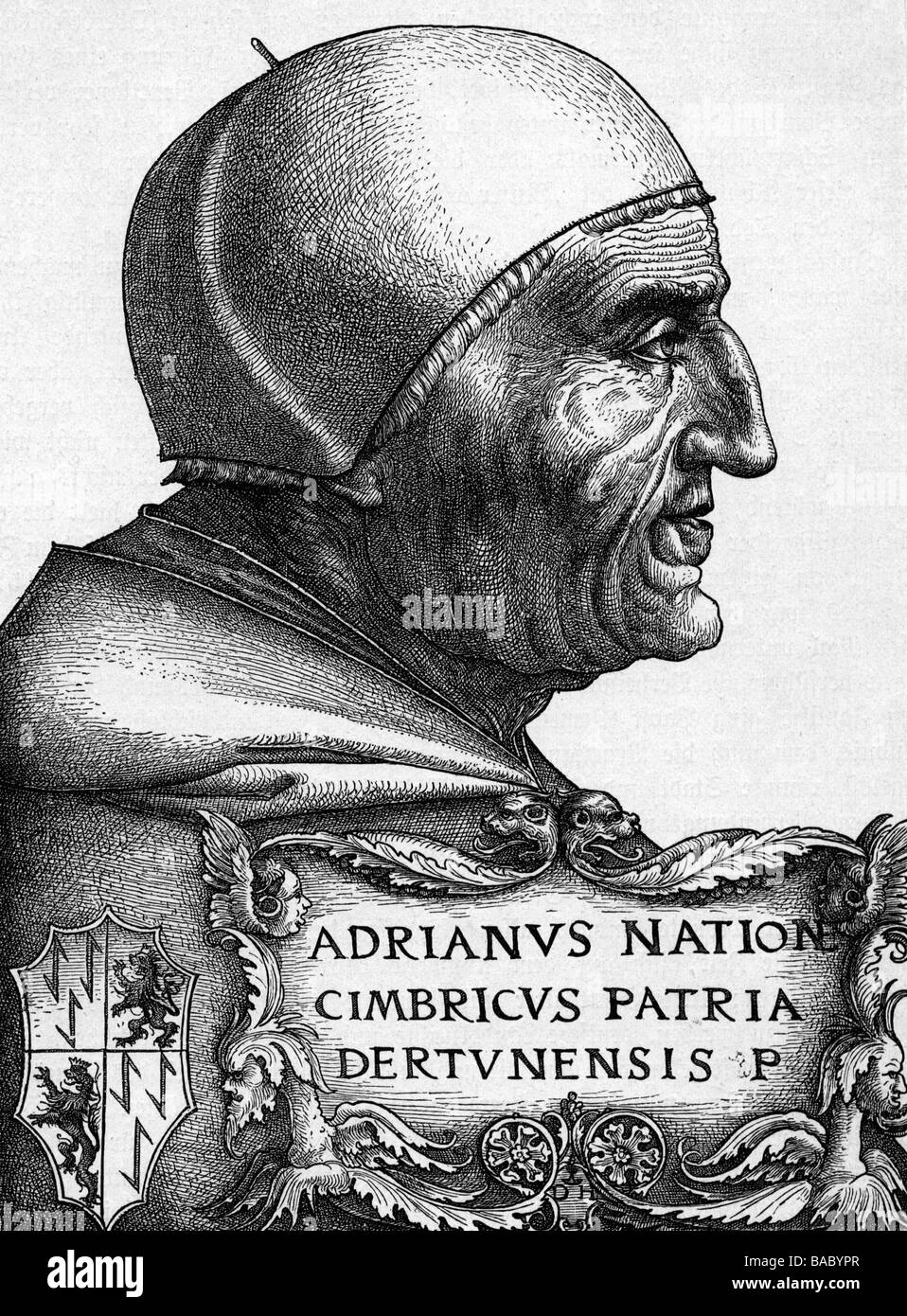 Adrian VI, 2.3.1459 - 14.9.1523, papa dal 1522, ritratto, incisione di Daniel Hopfer, 16th secolo, Foto Stock