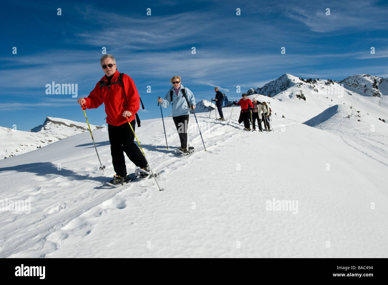 Gruppo in gita con le ciaspole nella Foresta di Bregenz Foto Stock