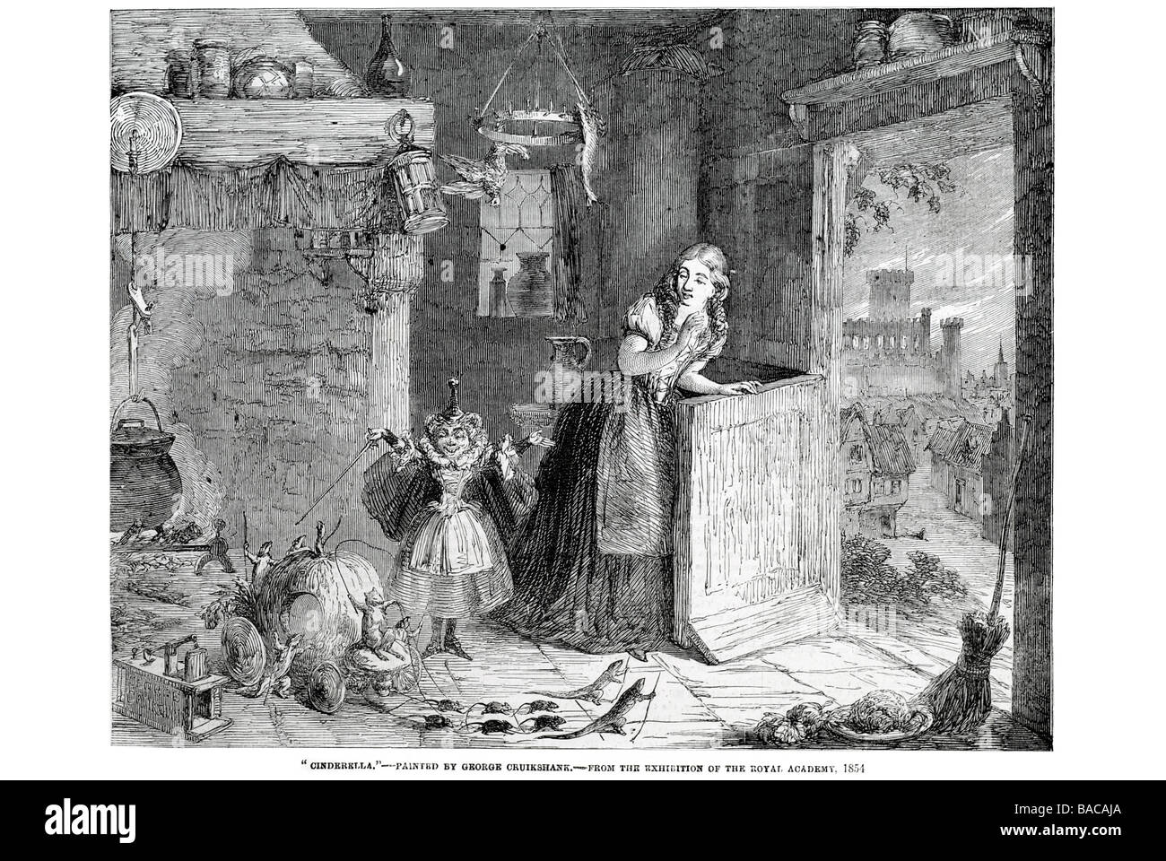 Cinderella george cruikshank r a 1854 trascurare porta stabile di zucca tasso di pullman topi frusta stufa fata vestito in costume sorpresa antiurto Foto Stock