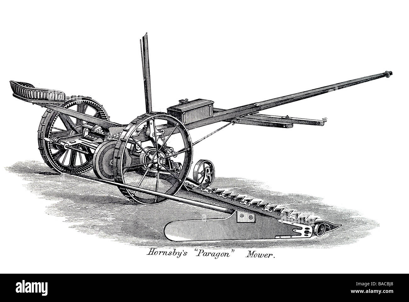 Hornsby's paragon tosaerba con aspo rotante frese falciatrici coltello tagliare le andane di fieno sulle andanatrici andana falce correggiato montato dita rapida Foto Stock