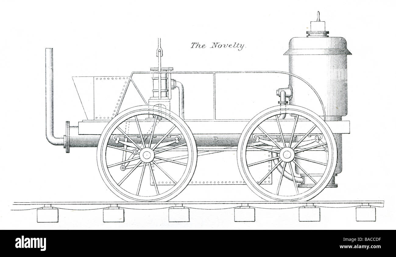 La novità di locomotiva a vapore del treno di trasporto veicolo motore via rail carro auto motive pullman vagoni merci Foto Stock