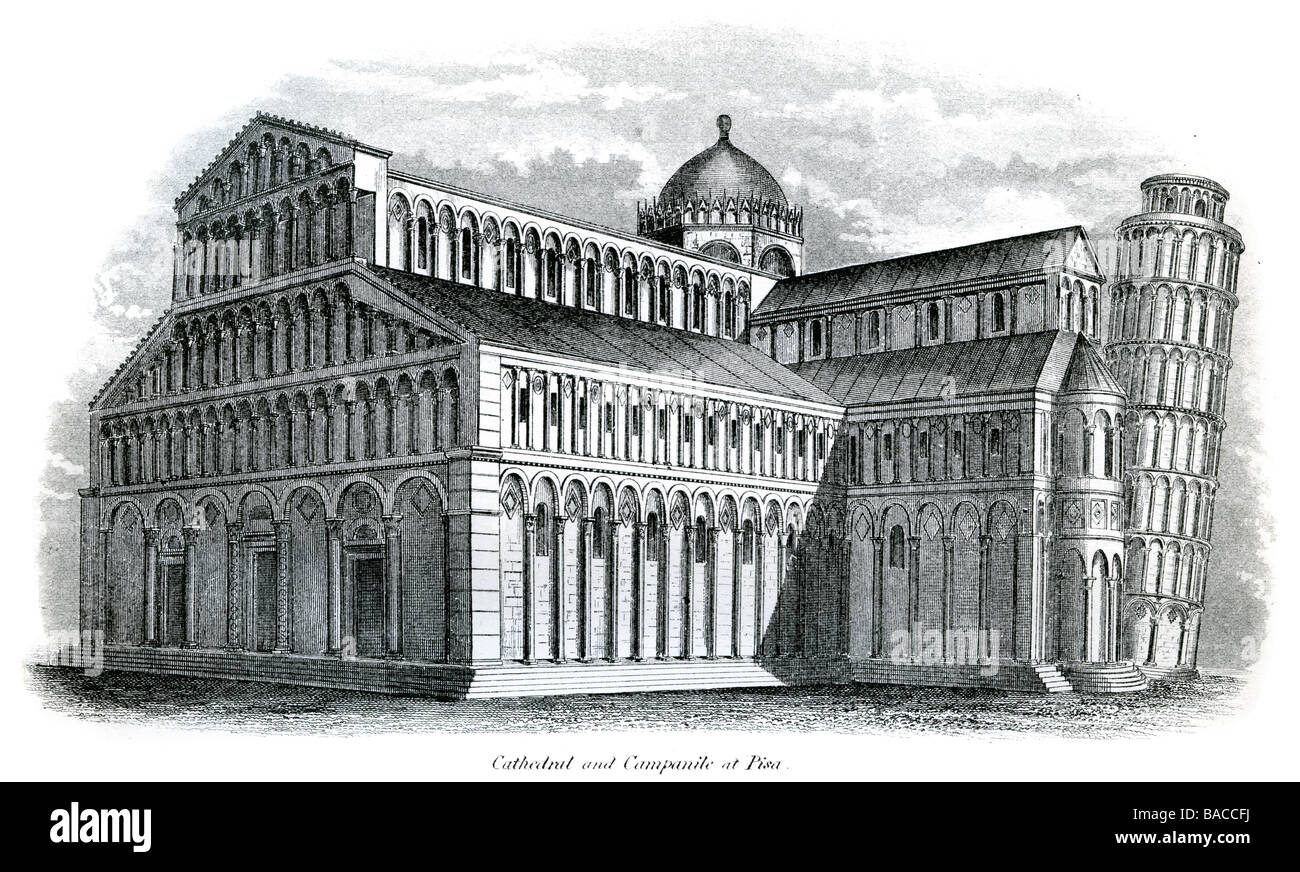 Architettura lombarda con la cattedrale e il campanile a Pisa il campanile è soprattutto in Italia, un free-standing torre campanaria, spesso annuncio Foto Stock