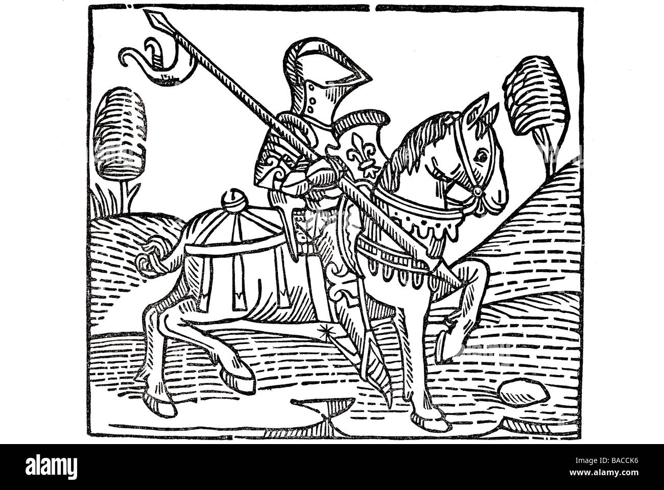 Cavaliere a cavallo soldato armatura guerriero arma di guerra equino stampa legno blocco taglio Foto Stock