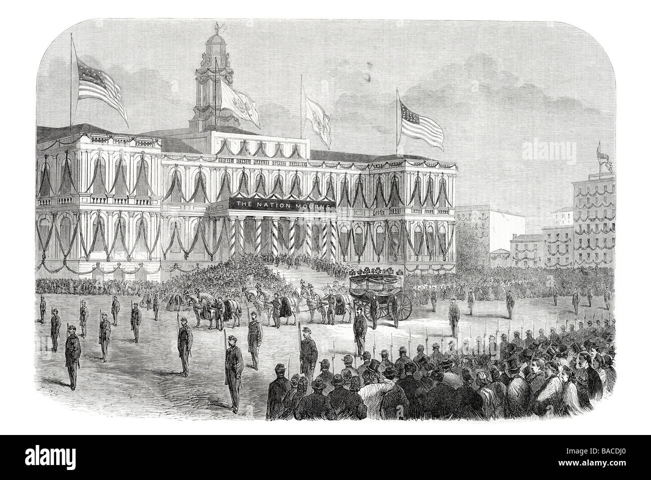 Arrivo del corpo del presidente Lincoln presso il municipio di New York 1865 Foto Stock