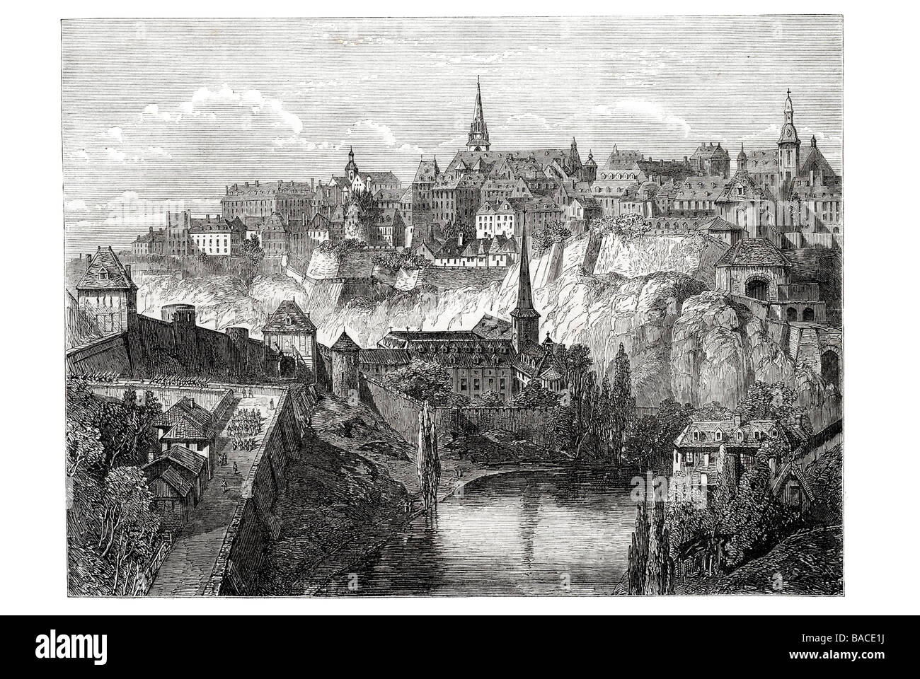 Città e Fortezza di Lussemburgo vista dal fort du moulin 1867 Rocca Foto Stock