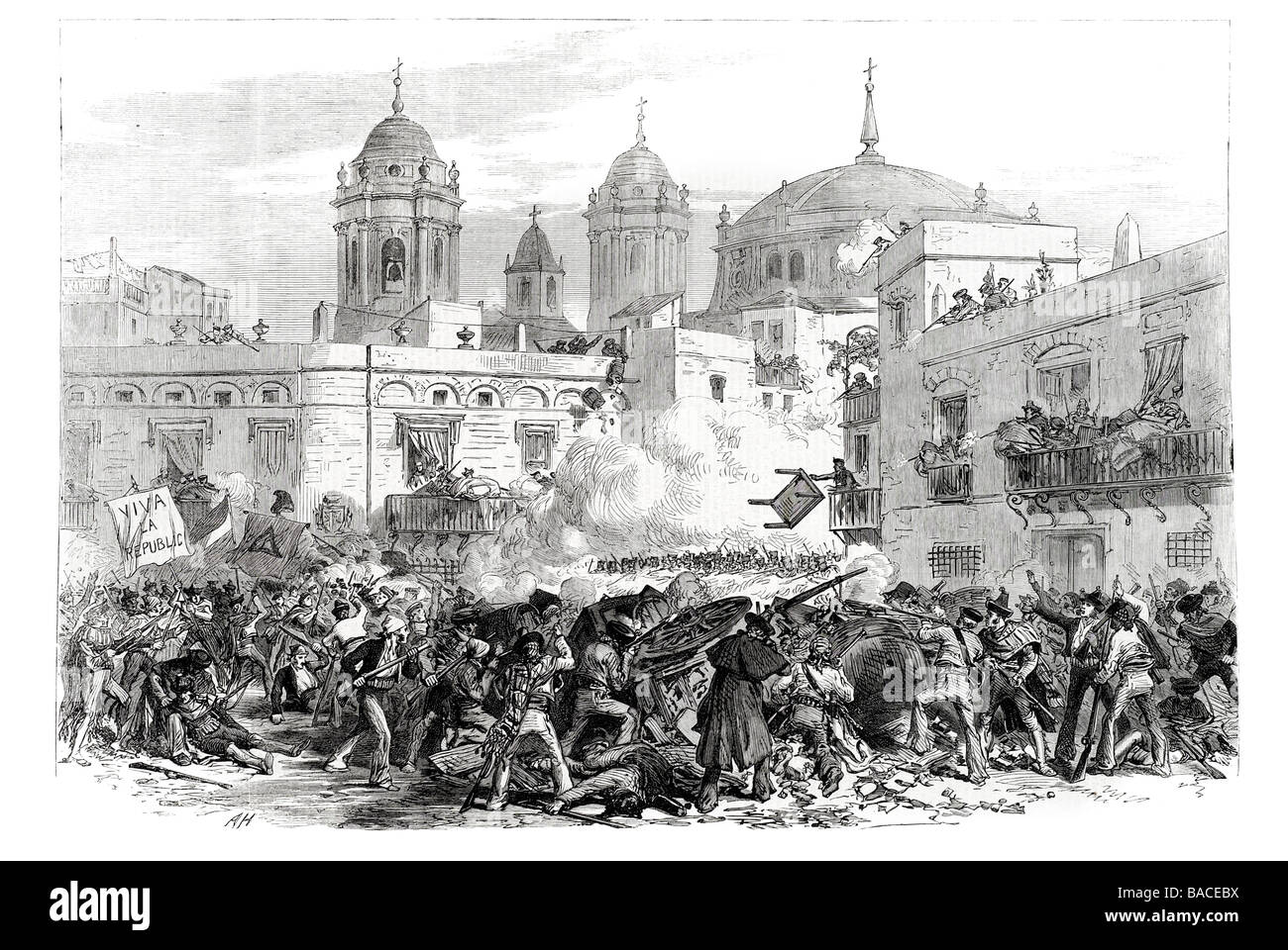 La rivoluzione in Spagna lotta presso la barricata nel quartiere De Los Vinas Cadiz 1868 Foto Stock