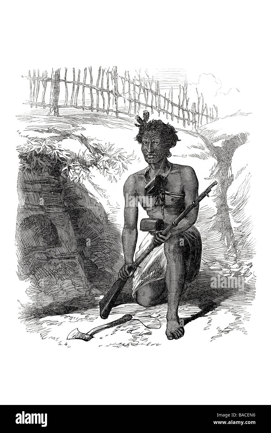 Un Māori maori della Nuova Zelanda in dotazione per combattere 1868 moschetto le guerre tribali soldato dell'esercito di polvere da sparo di fucile in polvere Foto Stock