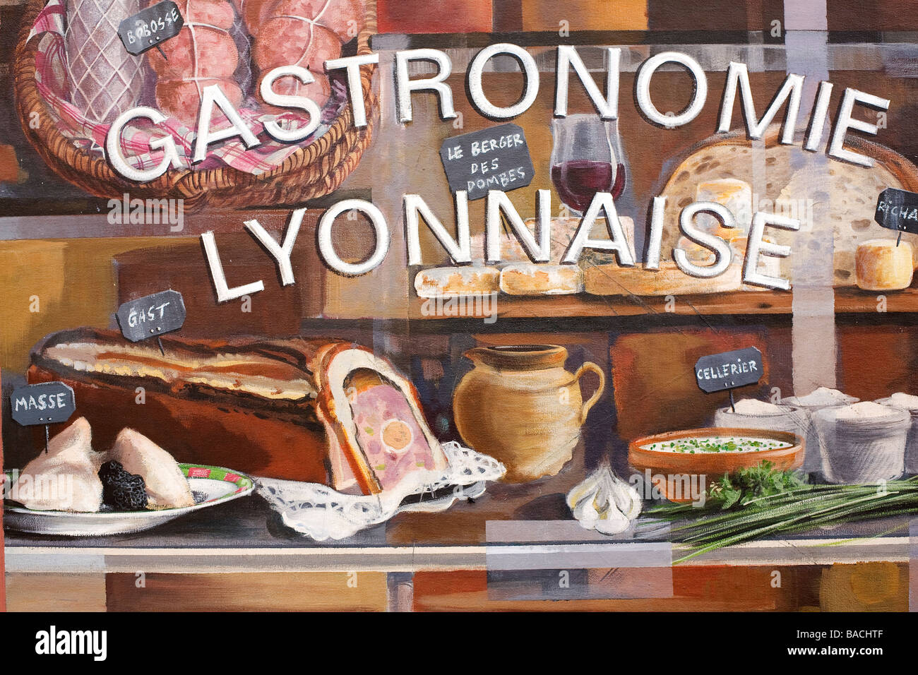 Francia, Rhone, Lione, Fresque des Lyonnais célèbres (affresco del famoso Lyon's abitanti), gastronomia Foto Stock