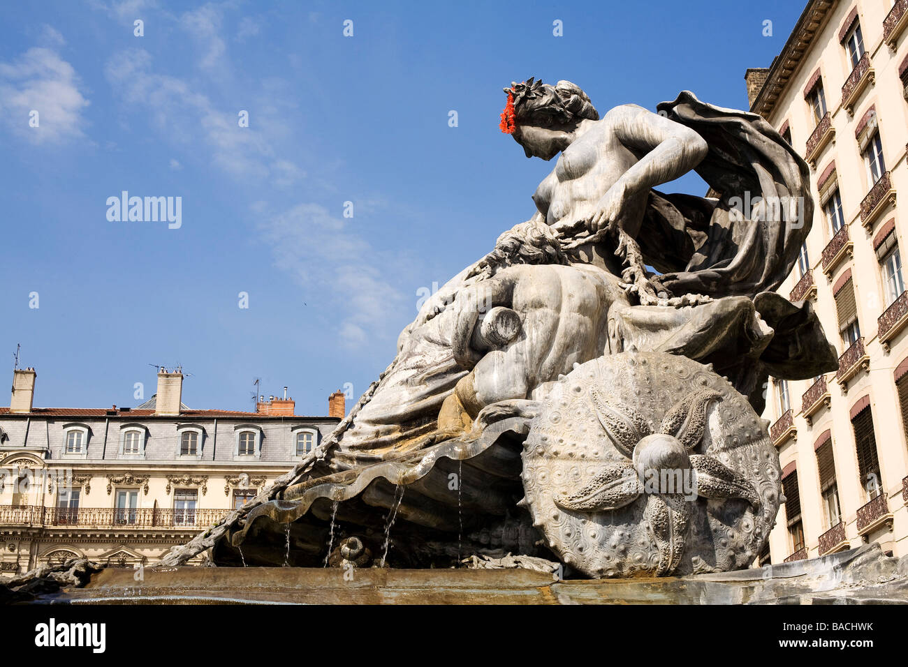 Francia, Rhone, Lione, Place des Terreaux fontana fatte da Frederic Auguste Bartholdi e inaugurato nel 1891 Foto Stock