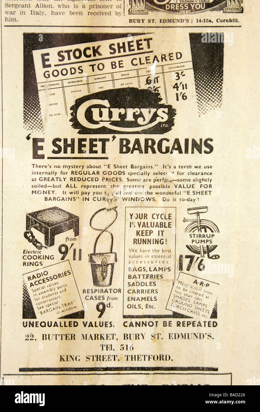 Currys shop giornale annuncio durante la seconda guerra mondiale nel Regno Unito Foto Stock