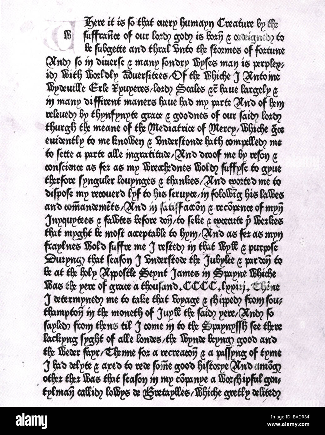 WILLIAM CAXTON una pagina dal suo Dictes e Sayenges del Phylosophers pubblicato nel 1477 il primo libro stampato in Inghilterra Foto Stock