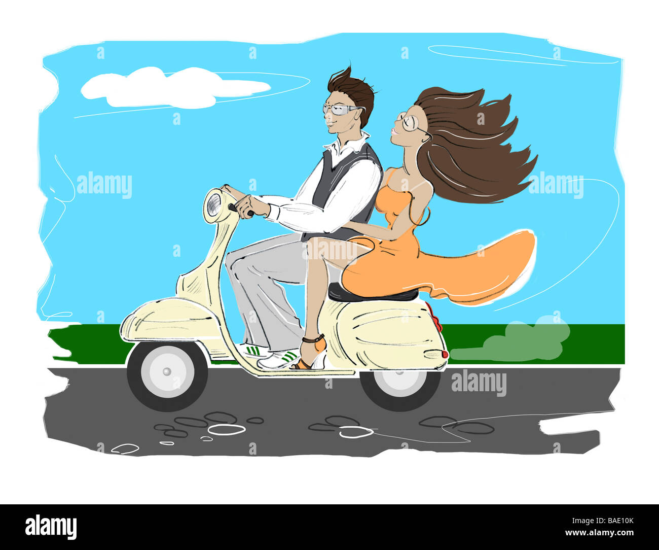 Illustrazione del giovane su scooter Foto Stock