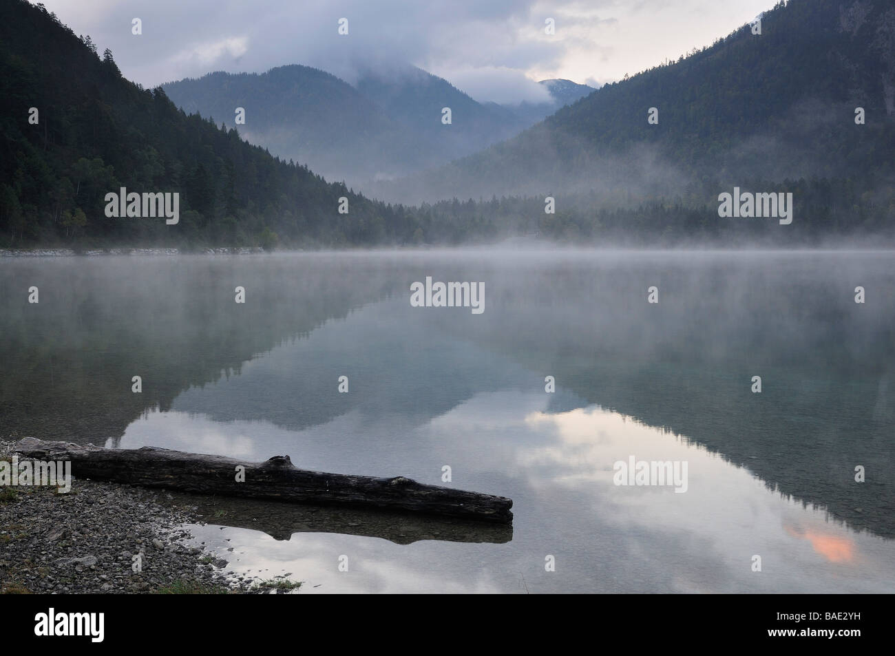 Misty Lago in montagna, Plansee, Reutte, Tirolo, Austria Foto Stock