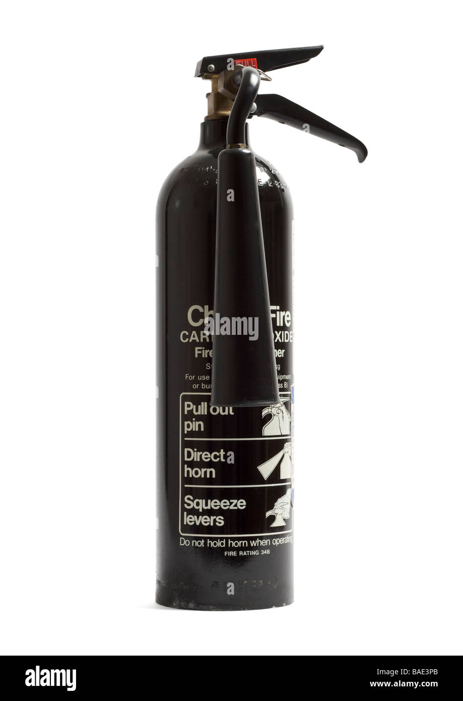 Vecchio estintore ad anidride carbonica su sfondo bianco Foto Stock