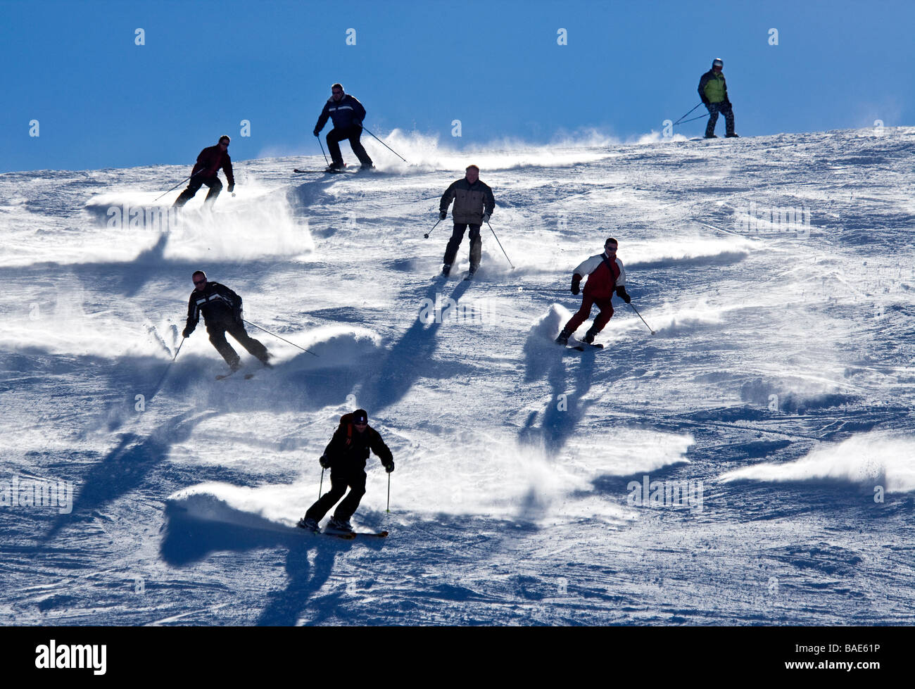 Francia, Savoie, Val d'Isere, su piste sci al vertice di La Daille funivia a 2290 m Foto Stock