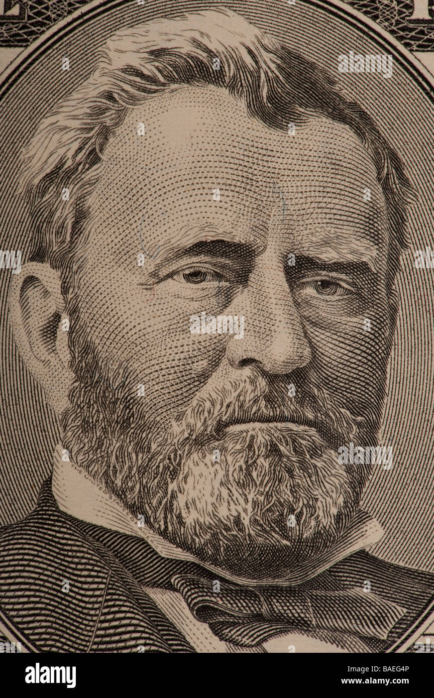 Closeup presidente Ulysses S. Grant su $50.00 bill Foto Stock