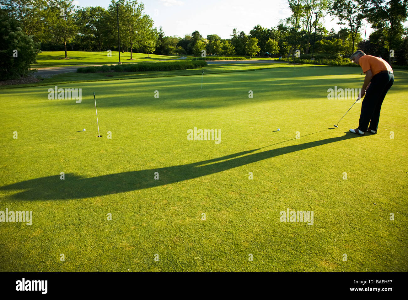 GOLF Per adulti di mezza età pratica maschio mettendo sul verde in corso pubblico a Deerfield Illinois swing putter Foto Stock