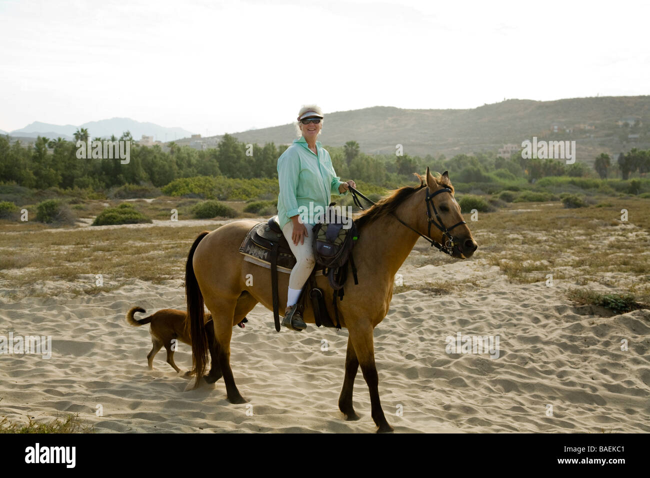 Messico Todos Santos donna di equitazione con western sella sulla spiaggia lungo l'Oceano Pacifico Playa La Cachora Foto Stock