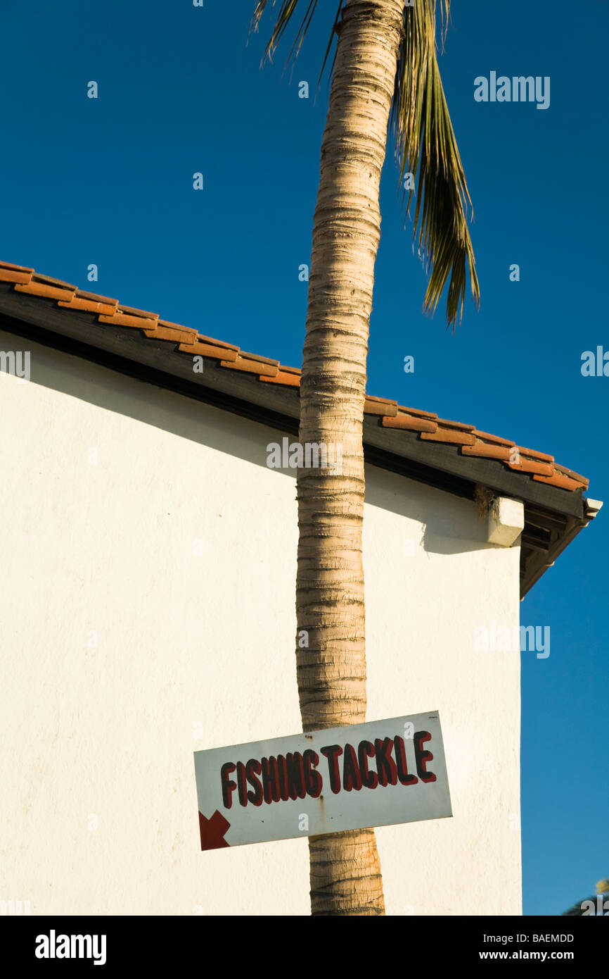 Messico La playita pesca segno con la freccia inchiodato al tronco di albero di palma Foto Stock