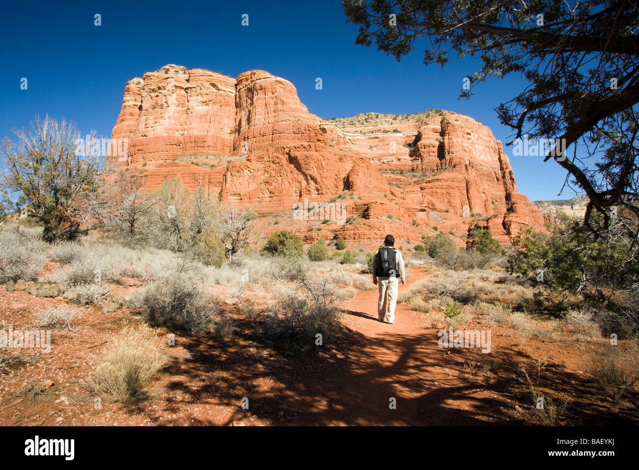 Backpacker vicino al red formazioni di roccia nei pressi del villaggio di Oak Creek, Arizona Foto Stock