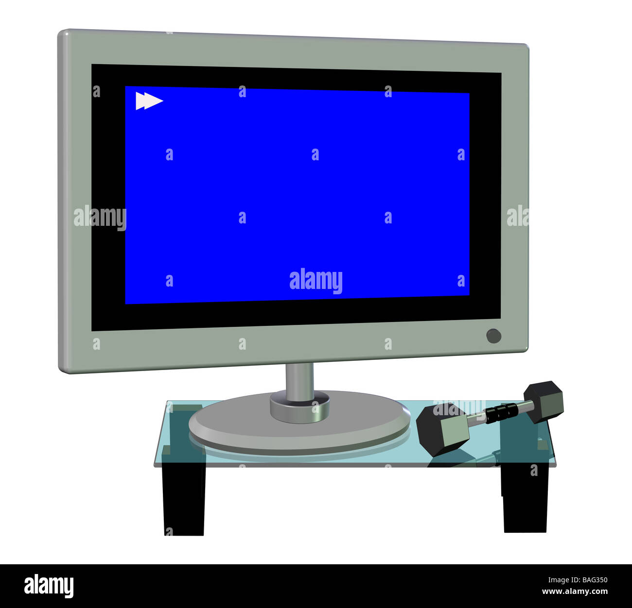 3D di una Tv al Plasma e un Dumbell su una tabella di caffè di vetro Foto Stock