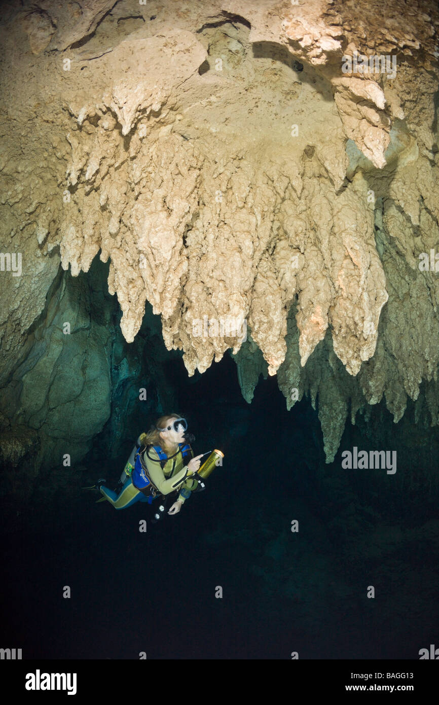 Sommozzatore in lampadario Grotta Dripstone Micronesia Palau Foto Stock