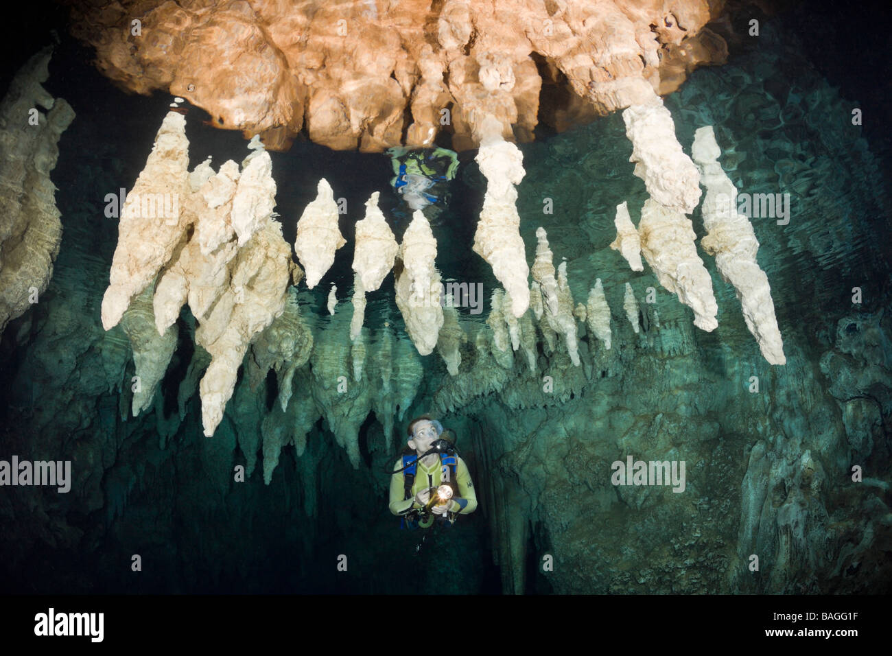 Sommozzatore in lampadario Grotta Dripstone Micronesia Palau Foto Stock