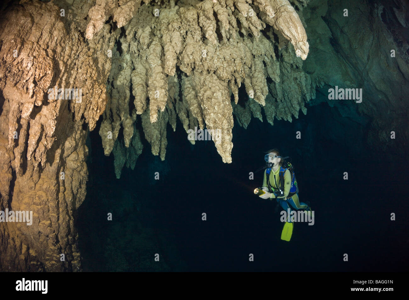 Sommozzatore in lampadario Grotta Dripstone Micronesia Palau Foto Stock
