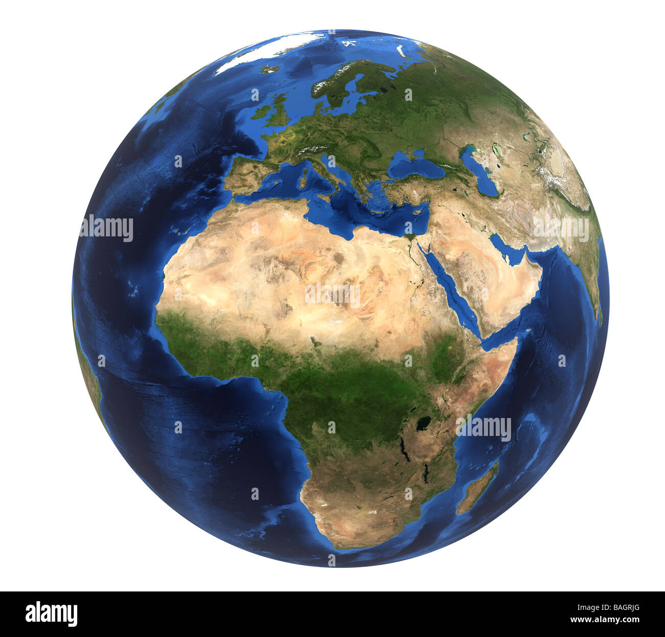 Rendering immagine di terra (mappa cortesia della NASA) mostra in Europa e in Africa su uno sfondo bianco (intaglio) Foto Stock