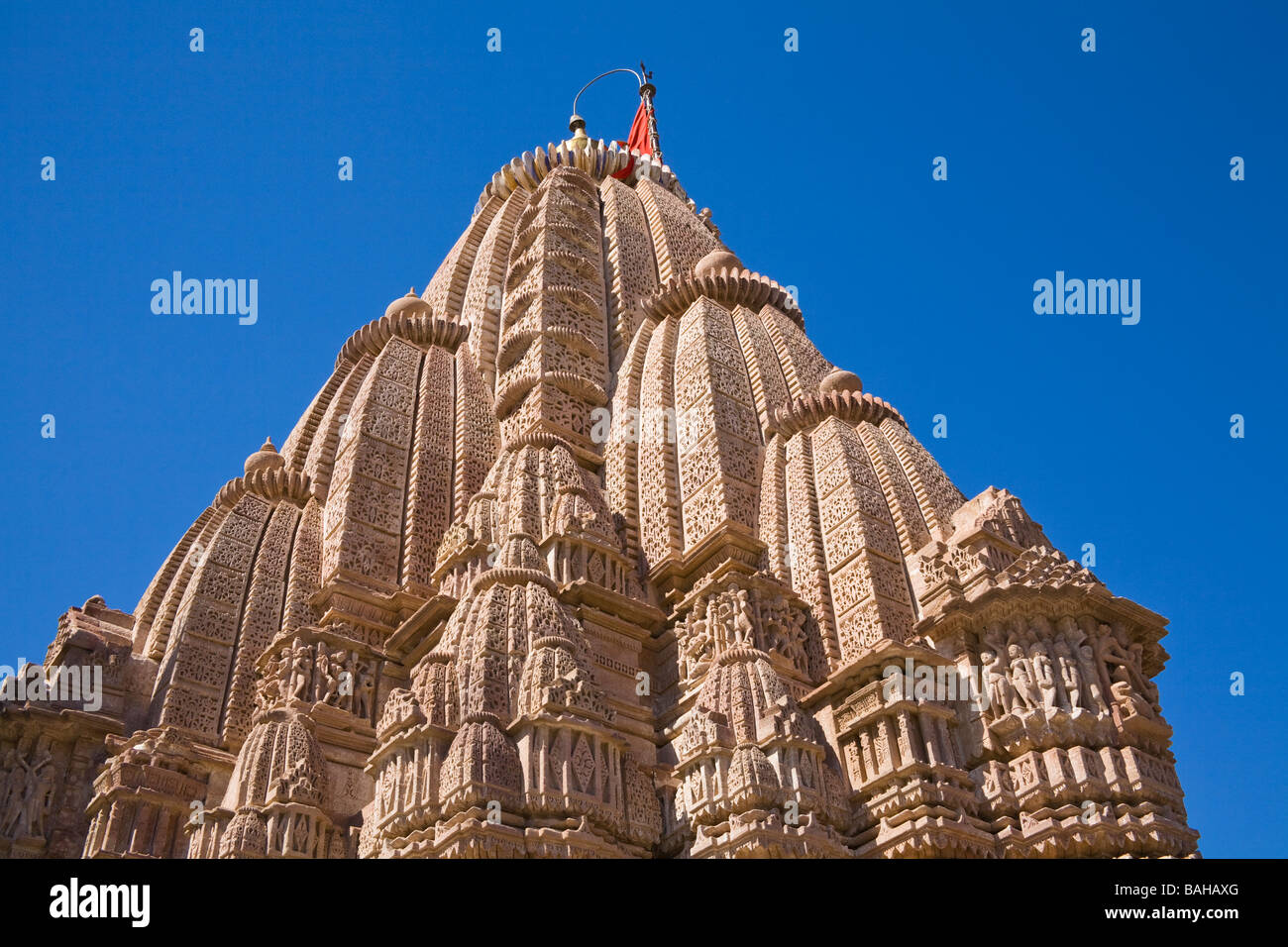 Un sikhara torre in cima di Sachiya Mata Temple, Osian, vicino a Jodhpur, Rajasthan, India Foto Stock