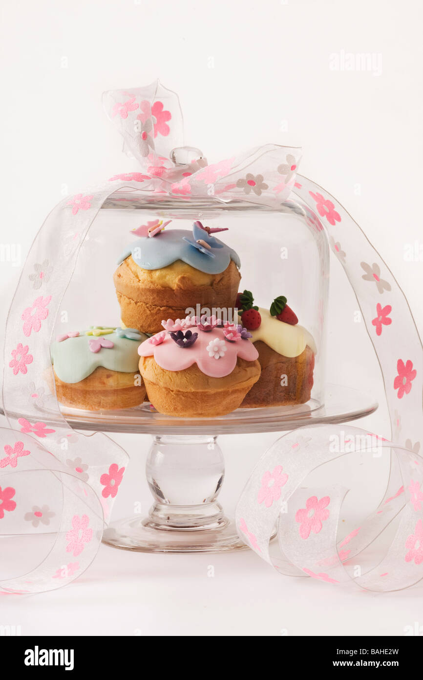 Tortina fata torta nel display di alimentazione contro il retro bianco massa Foto Stock