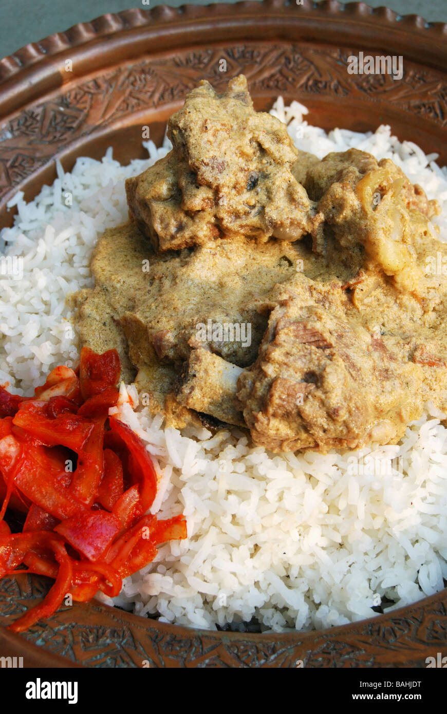 Kashmir Yakhni Montone Curry è fatta di carni di montone marinato in salsa di yogurt e cotto spezie indiane Foto Stock