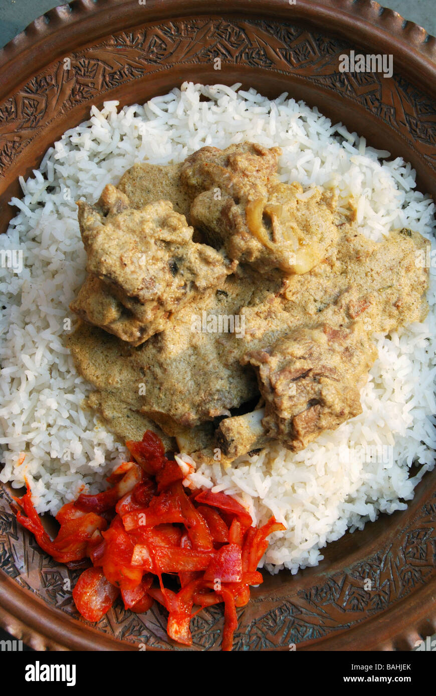 Kashmir Yakhni Montone Curry è fatta di carni di montone marinato in salsa di yogurt e cotto spezie indiane Foto Stock