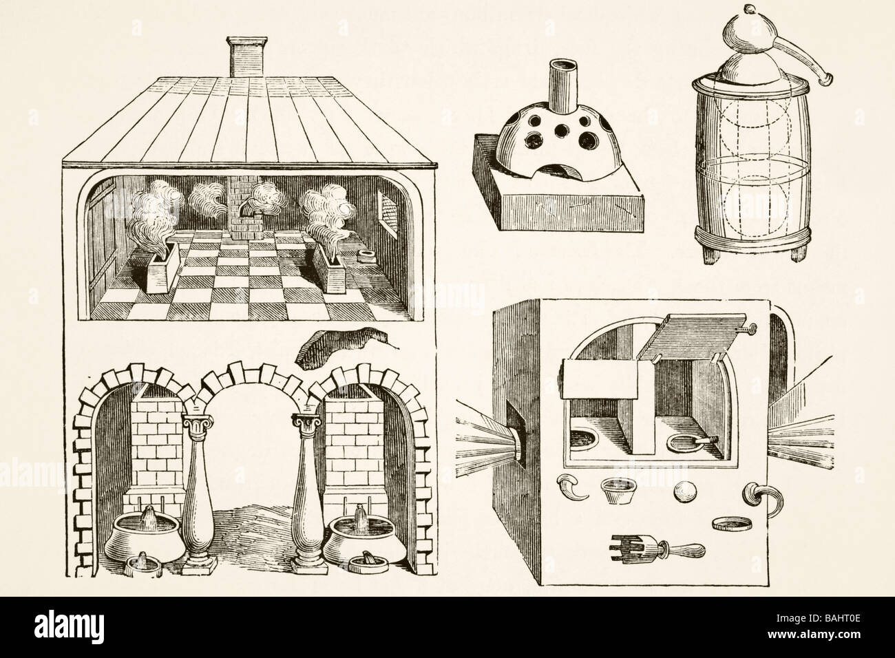 Forni e vari apparecchi utilizzati da chimici e alchimisti nel Medioevo. Foto Stock
