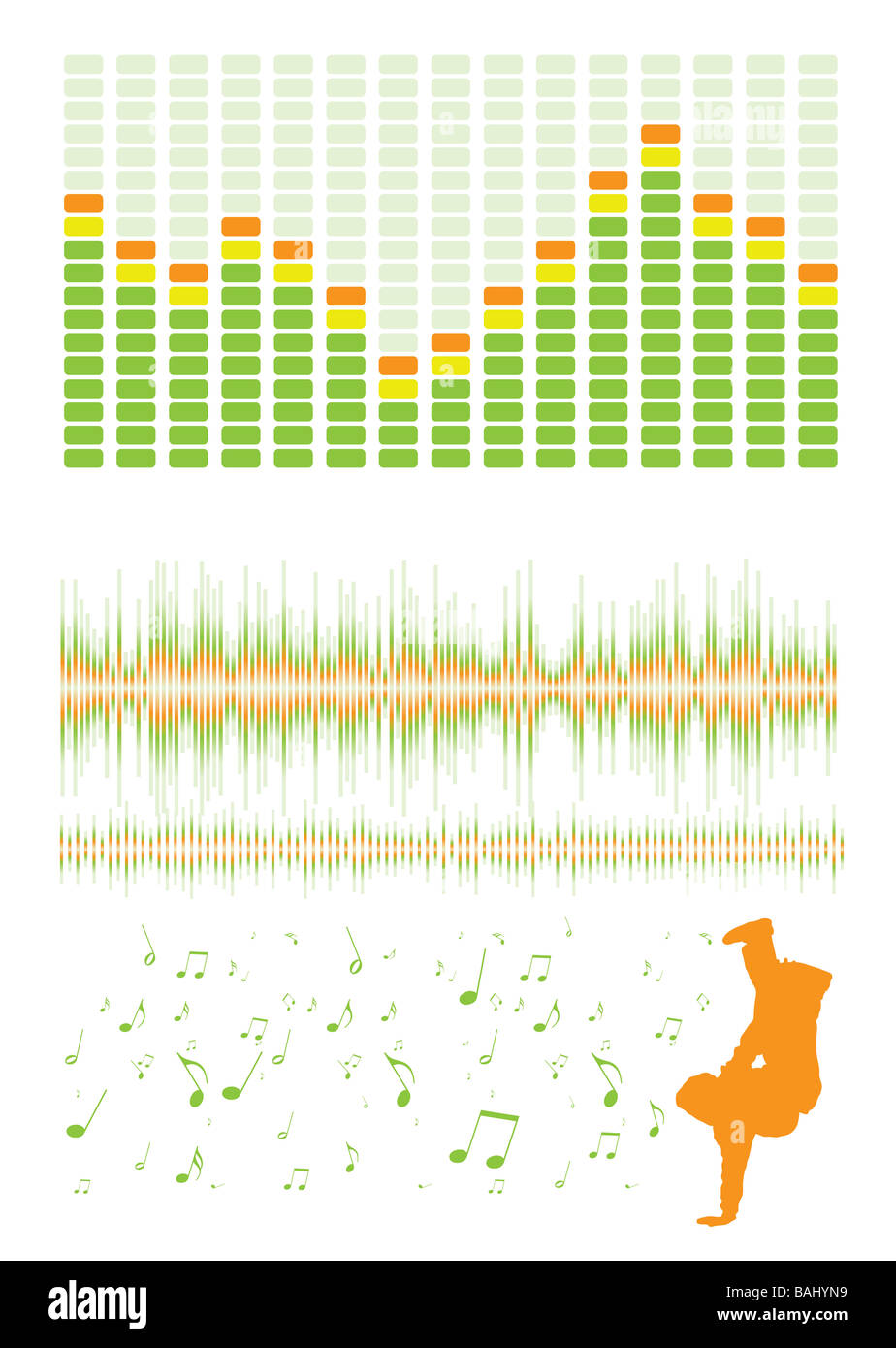 La musica ha ispirato gli elementi di design con equalizzatore grafico e note musicali Foto Stock