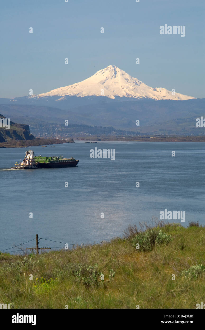 Il Columbia River e una chiatta e del Monte Cofano Foto Stock