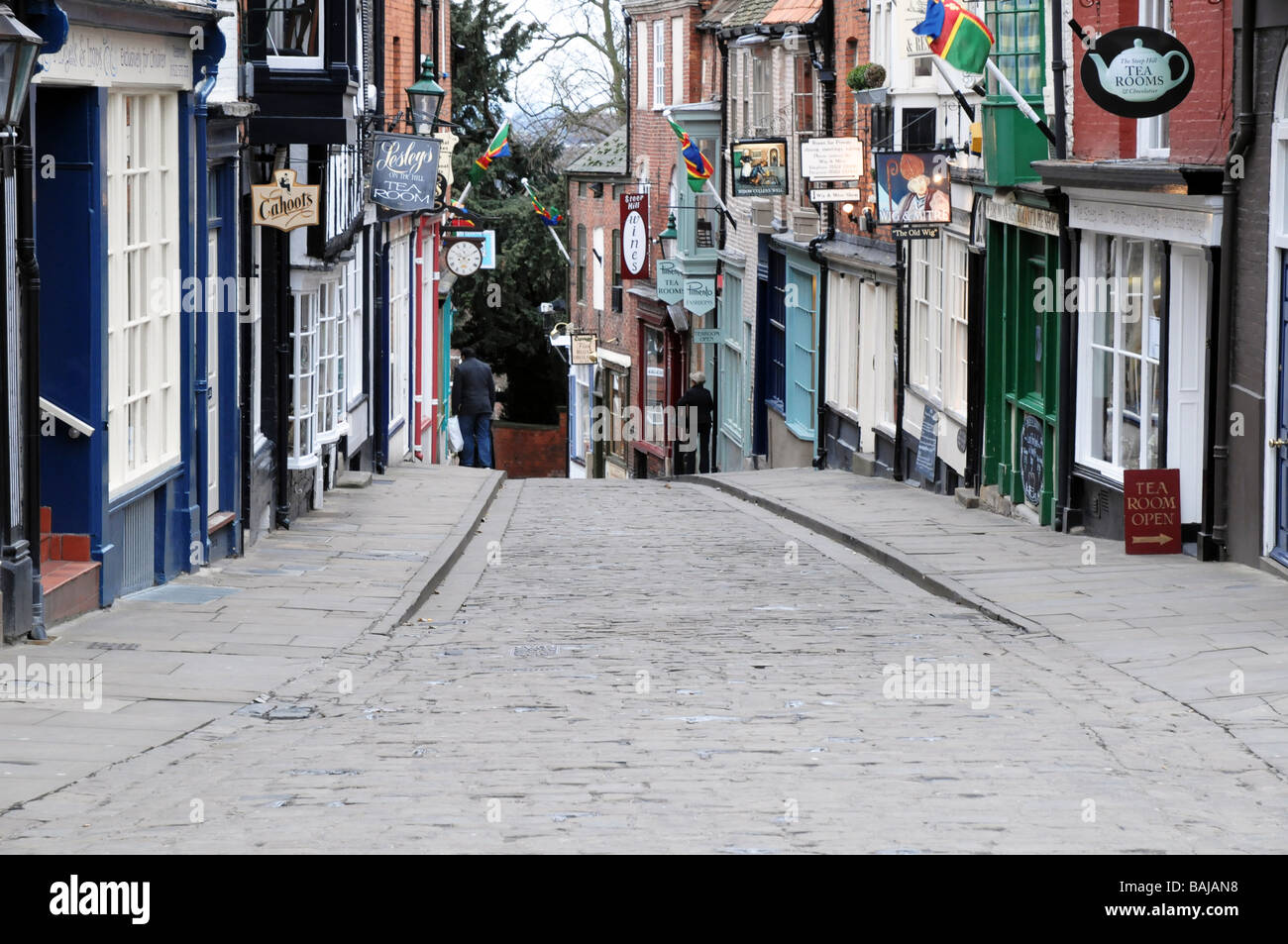 Ripida collina, Lincoln, Regno Unito. La vista dalla cima guardando verso il basso. Foto Stock