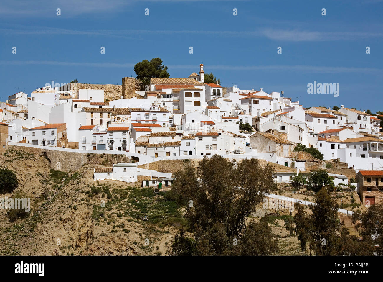 Panoramica della Torre Alháquime villaggi bianchi in Sierra di Cadice Andalusia Spagna Foto Stock