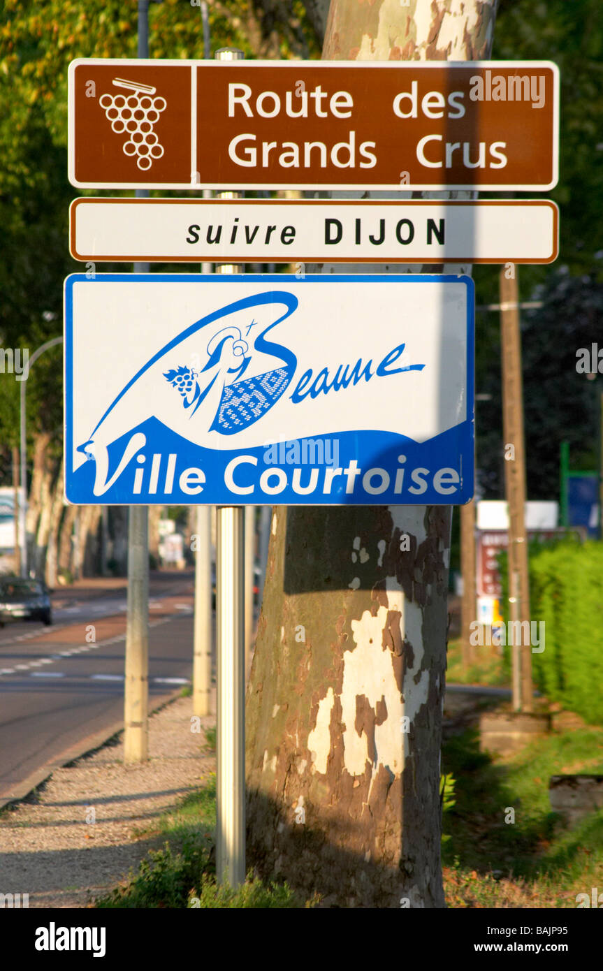 Cartello stradale beaune Cote de Beaune Borgogna Francia Foto Stock