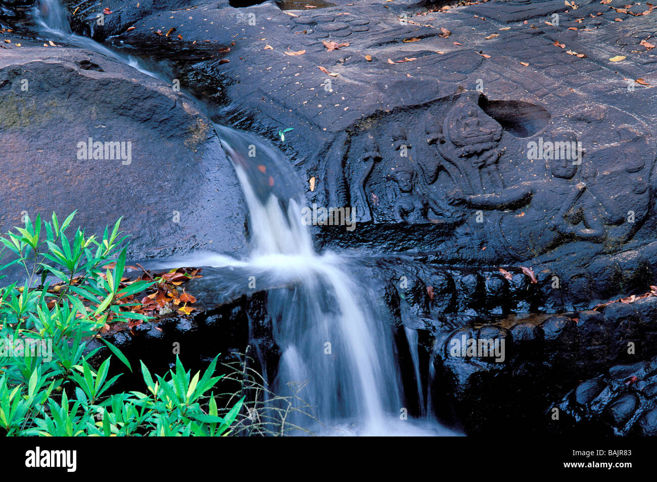 Cambogia Siem Reap Provincia, Angkor sito elencato come patrimonio mondiale dall' UNESCO, sante indù del sito Il Kbal Spean, rocce scolpite e Foto Stock