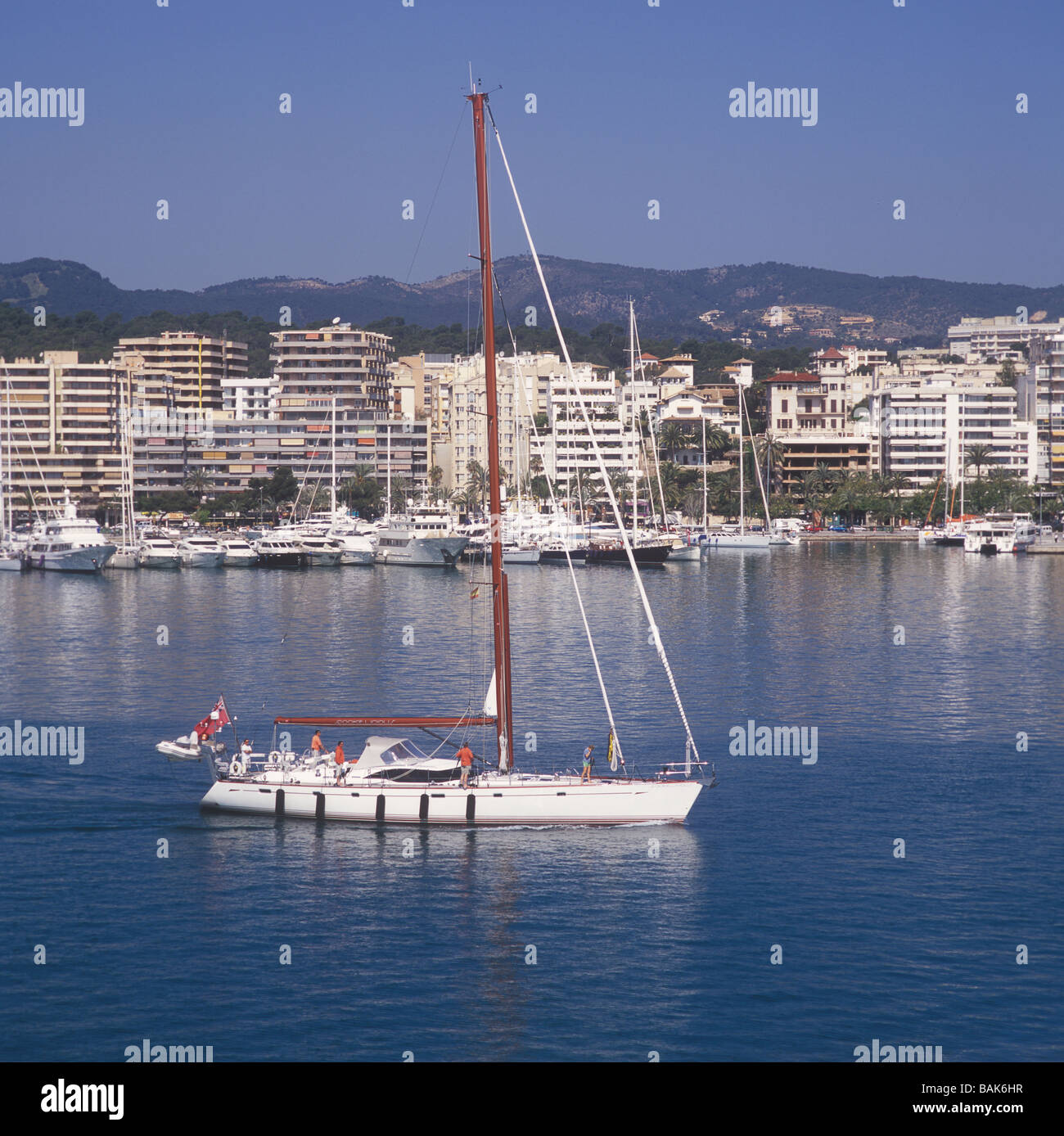 Sailing yacht 'Cookielicious' con il Paseo Maritimo in background, Palma de Mallorca / Maiorca, isole Baleari, Spagna 2009 Foto Stock