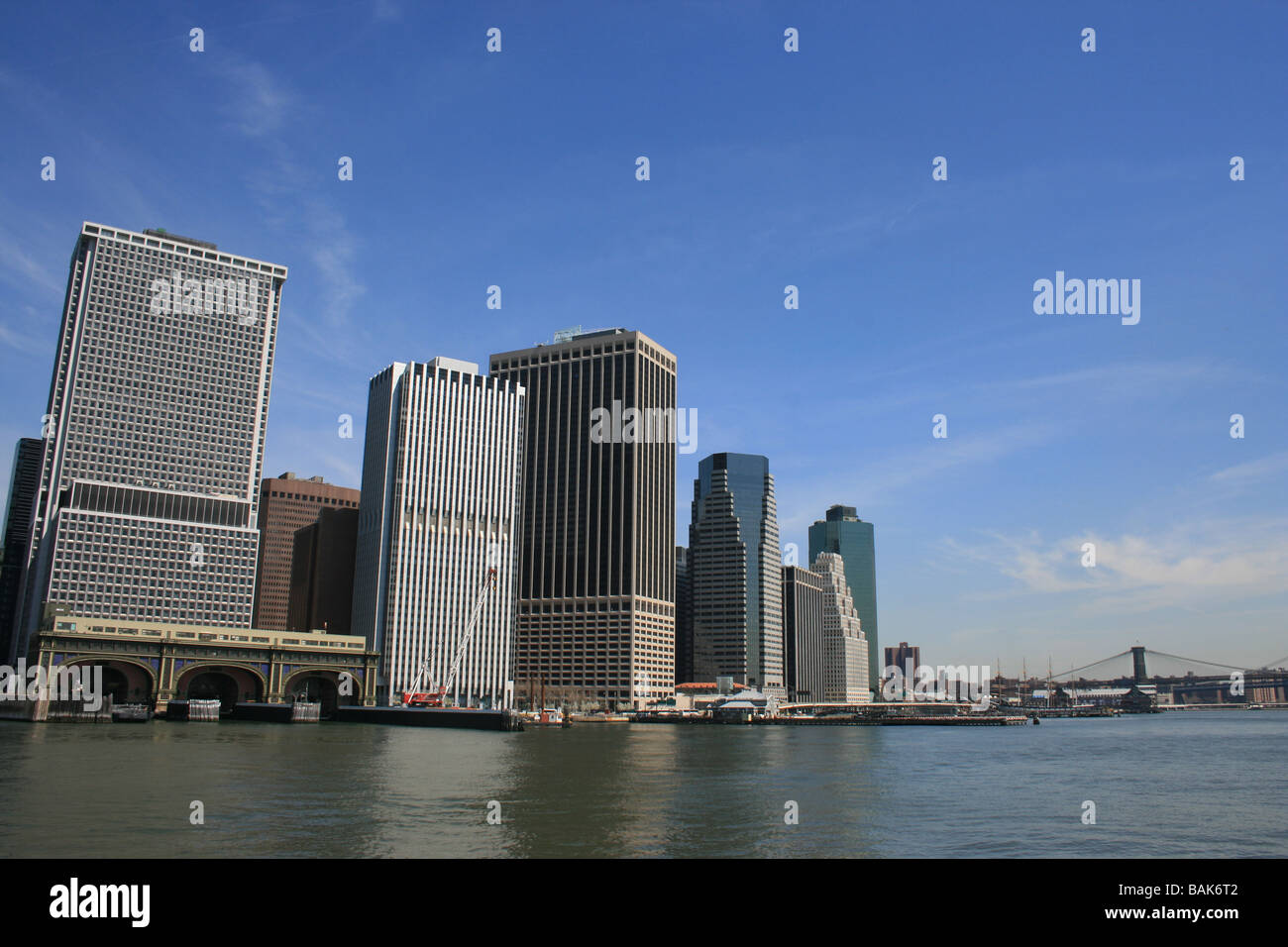La parte inferiore di Manhattan skyline lungo la East River (Ponte di Brooklyn in background). Foto Stock