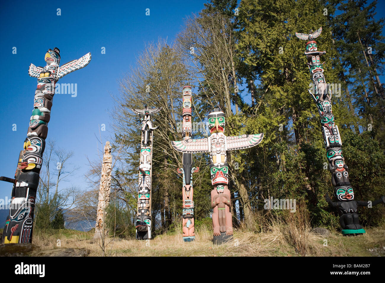 Totem Poles a Stanley Park a Vancouver Foto Stock