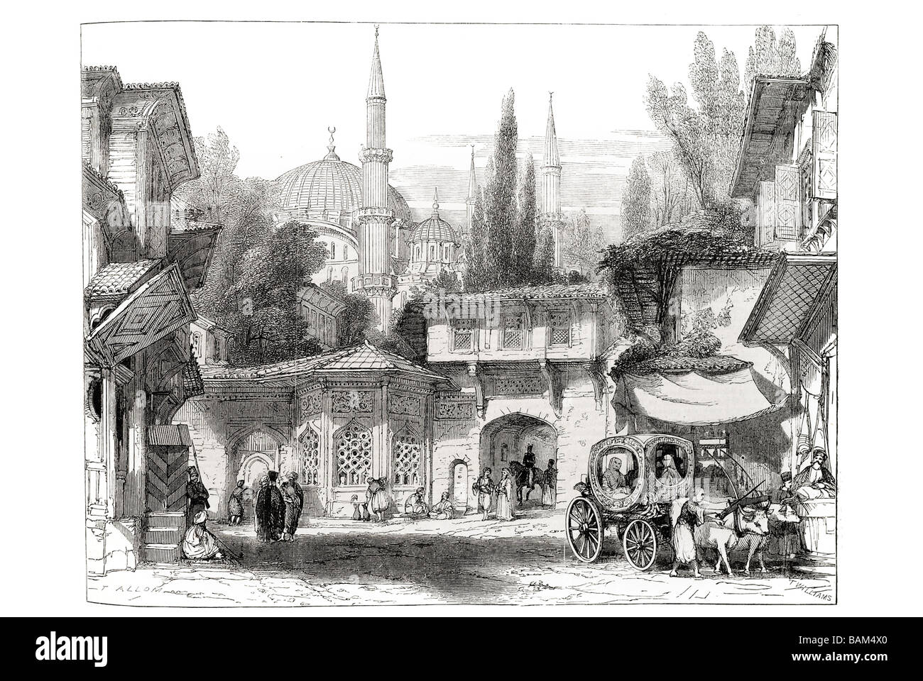 Street a Costantinopoli con la fontana e la Moschea del Sultano achmet da thimas allom 1851 Foto Stock