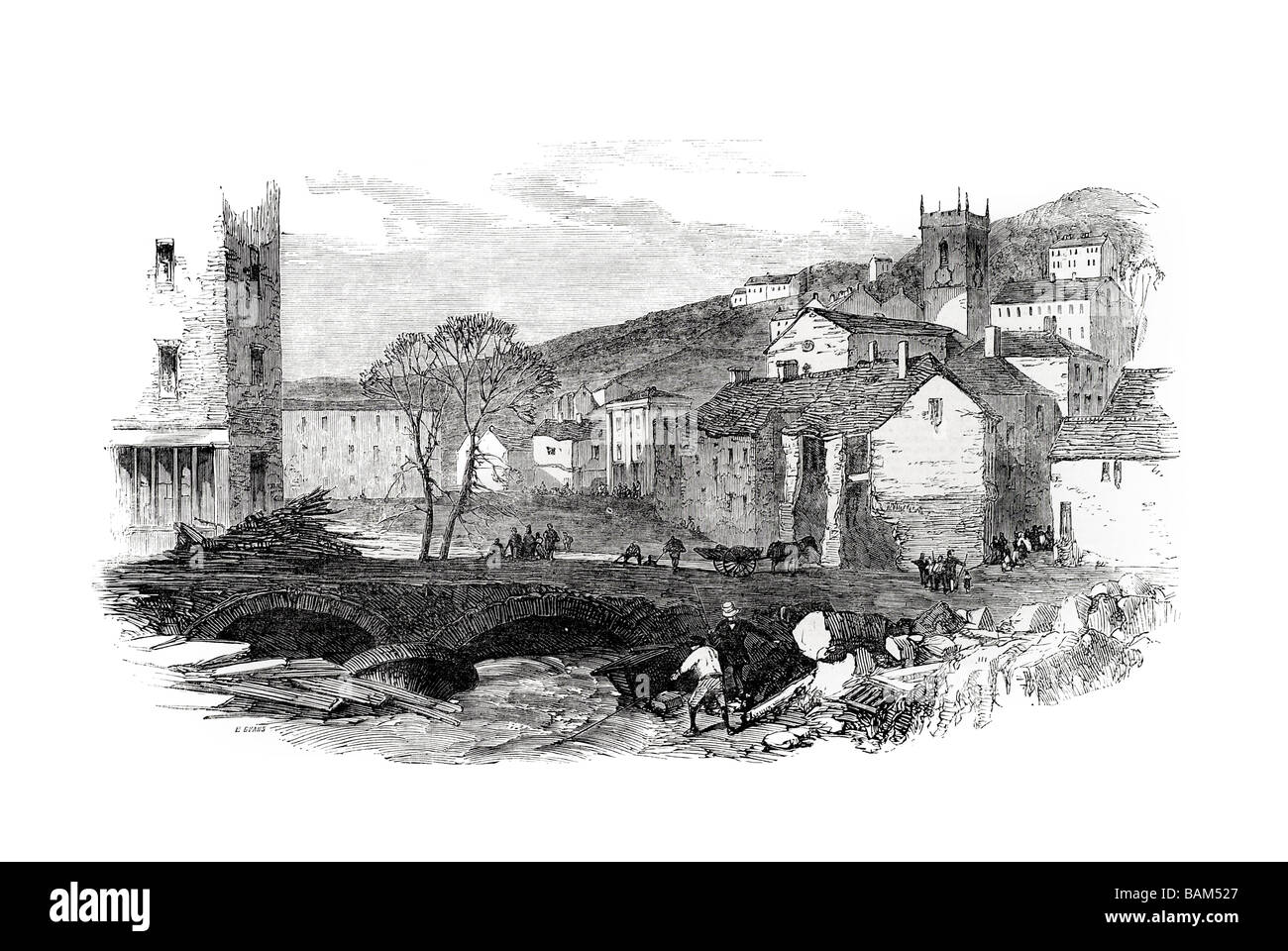 Resti del ponte e il sito della casa di pedaggio rovina Chiesa ad albero fiume flusso acqua uomini uomo danno umido distrutto Wall street 1851 Foto Stock