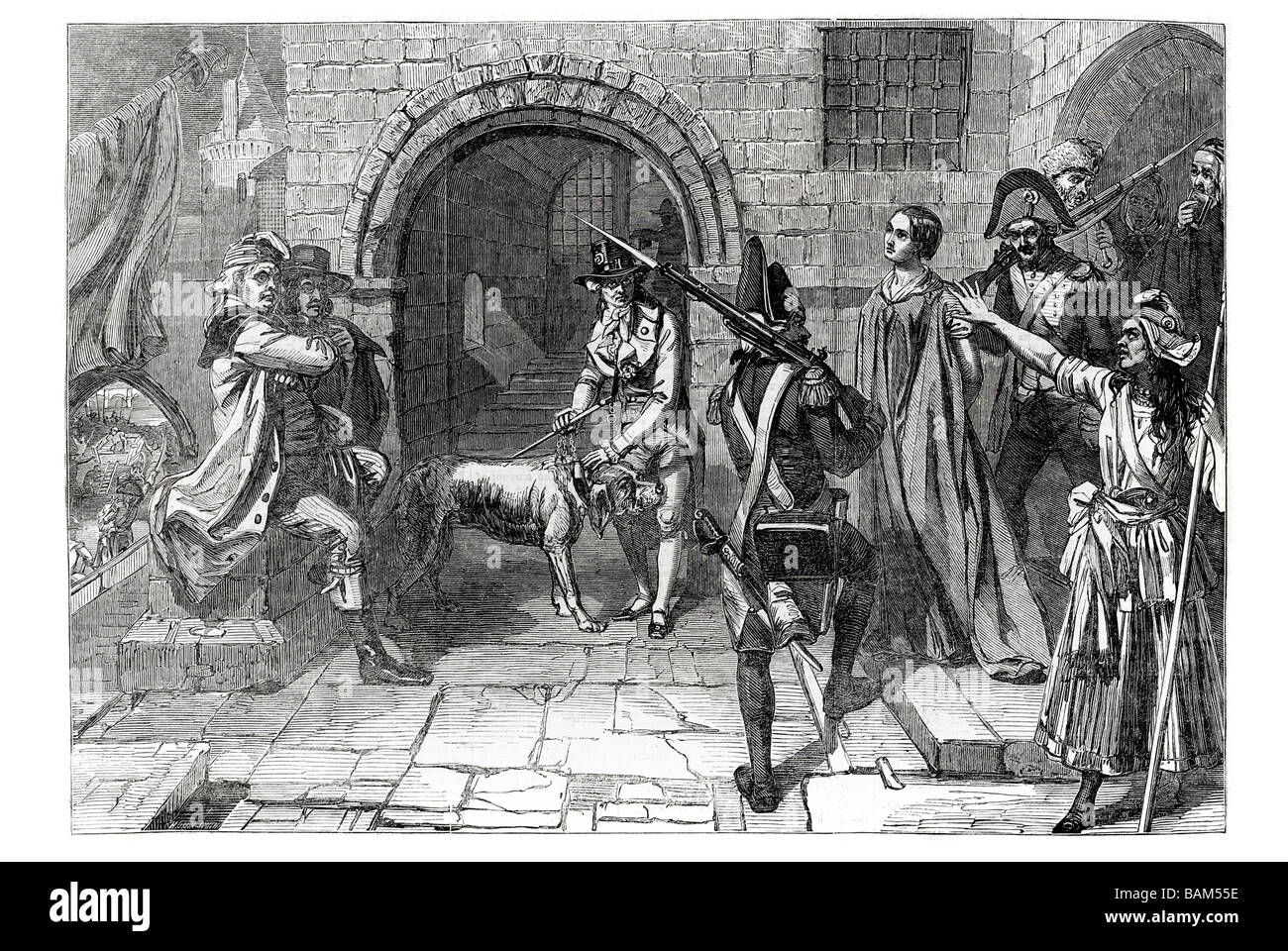Charlotte Corday andando a esecuzione e m ward eseguito ghigliottina decapitazione gate lancia cane corazza prigioniero Foto Stock