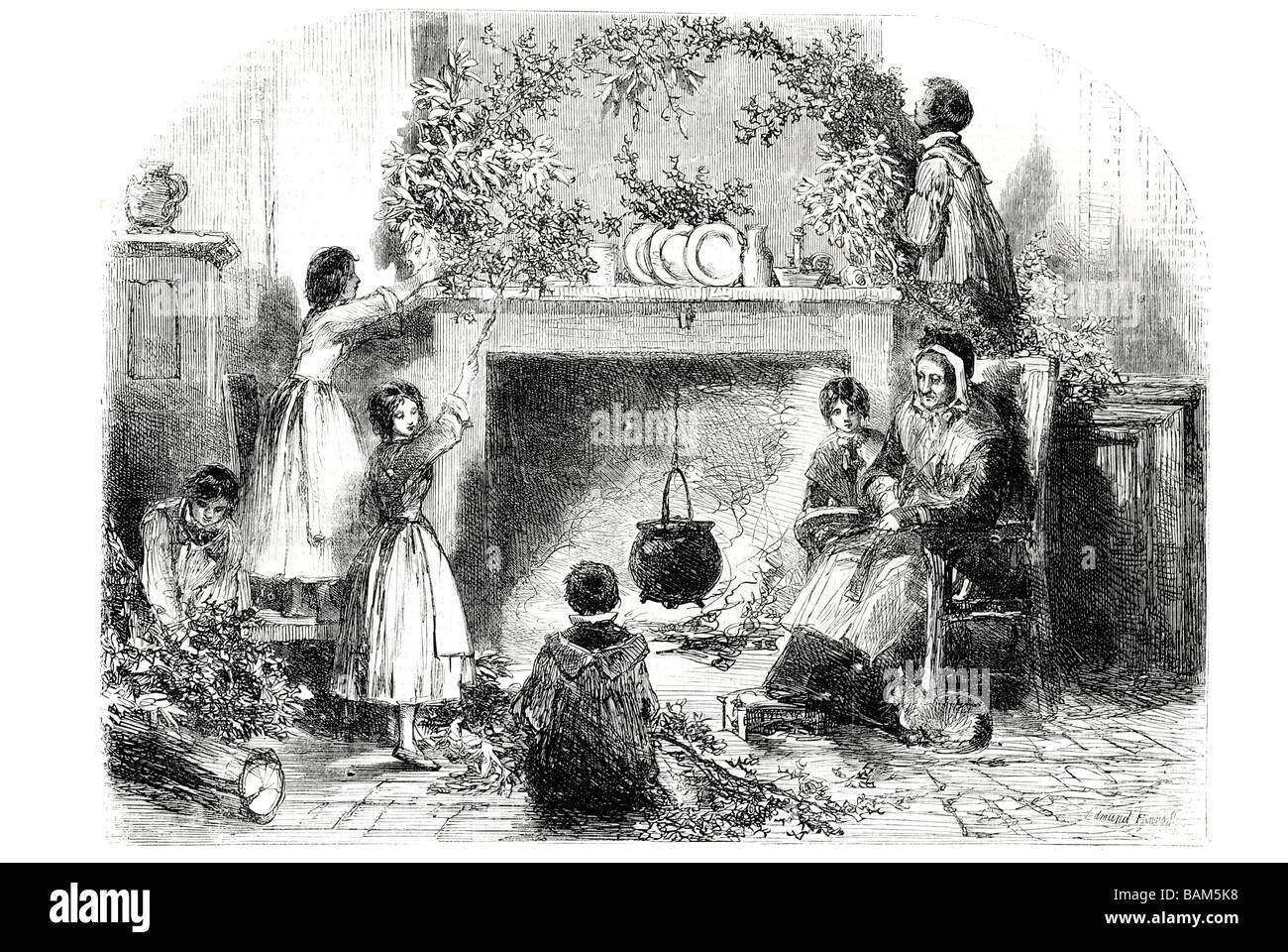 Vigilia di Natale mettendo l'agrifoglio e vischio da birket foster Foto Stock