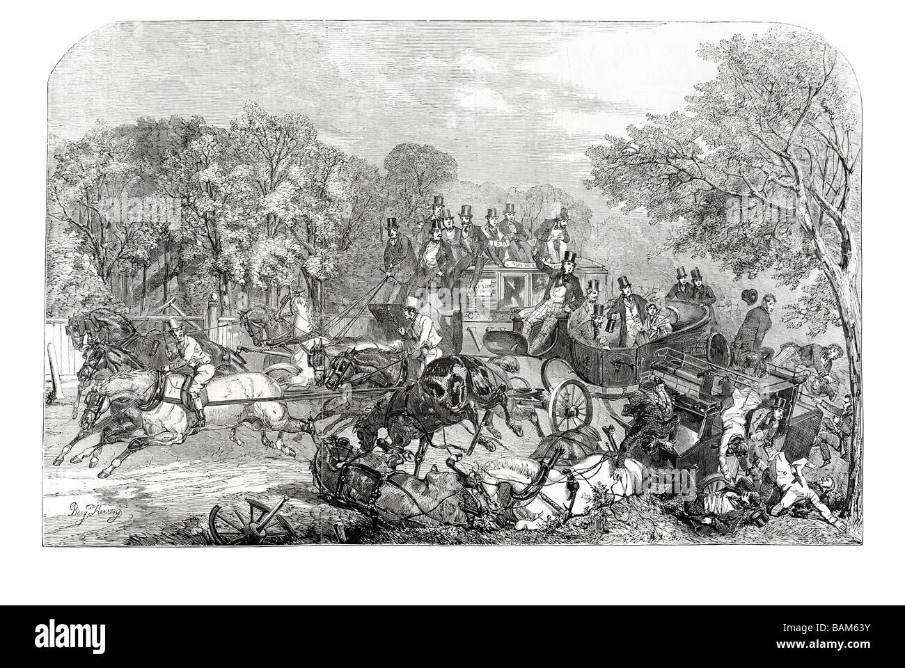 Epsom gare il ritorno dalla derby crash carrelli cavalli 1854 Foto Stock